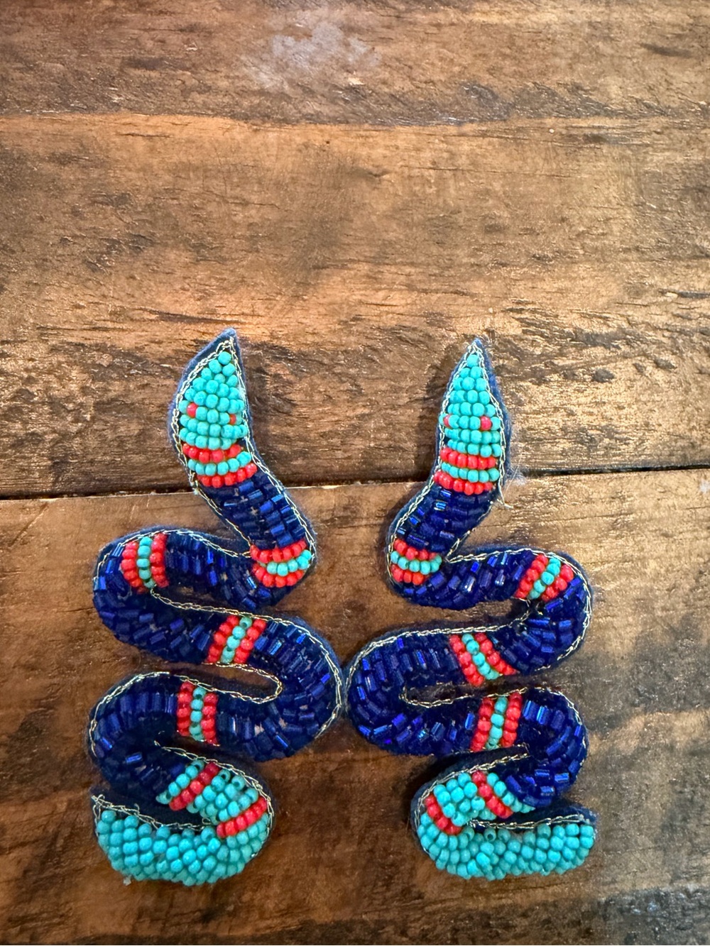 Beaded Snake Statement Earrings - Blue & Turquoise with Red Accents